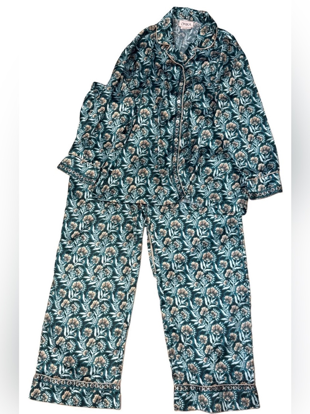 Omika Margo Anthropology Long Sleeve Green Print Pajama Pants Set Size XL